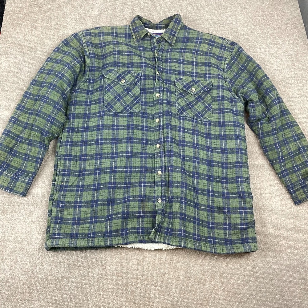 Vintage NorthCrest Shacket Mens XLT Green Blue Tartan Plaid Cotton Sherpa Lined